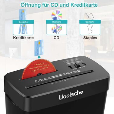 Шредер для документів Woolsche CD222-8: 8-аркушевий, P-4, з перехресним різанням, для офісу та дому