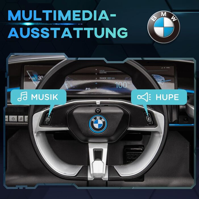 Дитячий електромобіль HOMCOM BMW з пультом, фарами, MP3, ременем безпеки, 3-5 км/год, чорний, для дітей 3-5 років