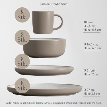 Набір посуду Hausfelder для 8 осіб (32 елементи) – сервіз з тарілок, мисок та чашок, кераміка, бежевий (Nordic Sand), стійкий до миття в посудомийній машині