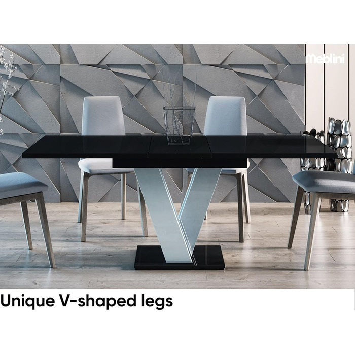 Обідній стіл Meble Line розсувний, сучасний дизайн, 120-160x80x75 см, чорний/білий глянцевий МДФ