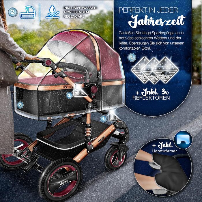Дитяча коляска 3 в 1 KIDUKU® XXL Комплект | Комбінована коляска з люлькою, візком та автокріслом | Повний комплект з підніжкою, пелюшкою, грічкою, дощовиком та столиком | Повнорозмірні колеса, ECE R129, Бордовий / Мідно-золотий