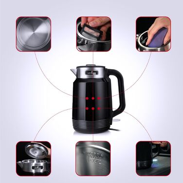 Електричний чайник LEHMANN з нержавіючої сталі 2L, 2200W, швидкий нагрів, подвійні стінки, автовимкнення та захист від перегріву, BPA-free, для великих сімей та офісів, чорний