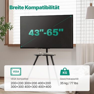 Підставка для телевізора 43-65 дюймів (LCD, LED, OLED) до 35 кг, регульована по висоті та поворотна, дерев'яна, з підносом, VESA 400x400 мм, чорний кований метал