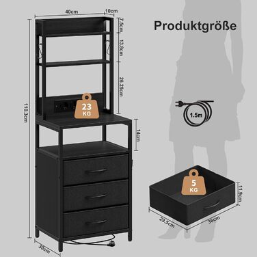 Нічний столик з підзарядкою та LED, приліжний столик з 3 висувними ящиками з тканини, нічник з полицею для книг, відкрите відділення, 2 розетки AC, 1 USB та 1 Type C роз'єми, для спальні, вітальні, офісу (Чорний) 40x30x60 см Чорний 1