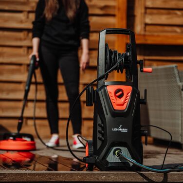 Високотискний мийник LEHMANN Hudson з алюмінієвим насосом, 1800 Вт, макс. 220 бар, продуктивність 450 л/год, комплектація: щітка для тераси, піногенератор, щітка для дисків, ідеальний для миття автомобілів