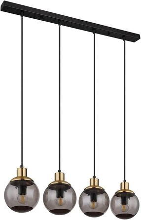 Підвісний світильник скло сучасний підвісний світильник копчене скло підвісний світильник чорний, 4 полум'я металеві скляні кульки латунь ретро, 4 шт. розетки E27, ДхШхВ 75x15x110см