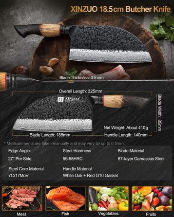 Ніж кухарський XINZUO Damaststahl 19,3 см з фінішною обробкою Hammer, професійний, з нержавіючої сталі Дамаск, з ергономічною ручкою з білого дуба, серія Mo