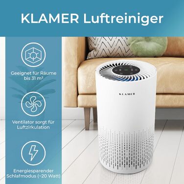 Очищувач повітря KLAMER 300i з HEPA-фільтром, пікова продуктивність CADR 220 м/год, для приміщень площею до 31 м, видаляє до 99,9 пилку, пилу, вірусів та алергенів, 3 режими з автоматичним режимом