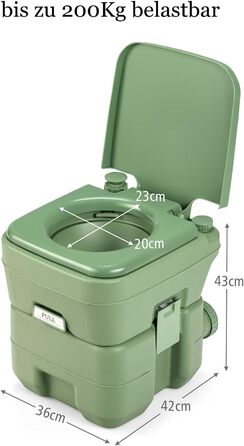 Туалет для кемпінгу DREAMADE 20L з знімними баками для відходів та чистої води, мобільний туалет з HDPE, витримує до 200 кг, з промиванням, для автодому та саду (зелений)