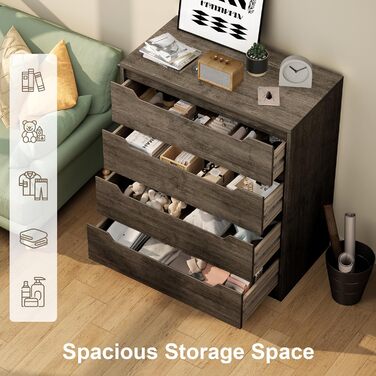 Комод Bealife для спальні з 4 великими шухлядами, шафа з шухлядами з вирізаними ручками та блокуванням від перекидання, ідеальний для вітальні, офісу (темно-сірий)