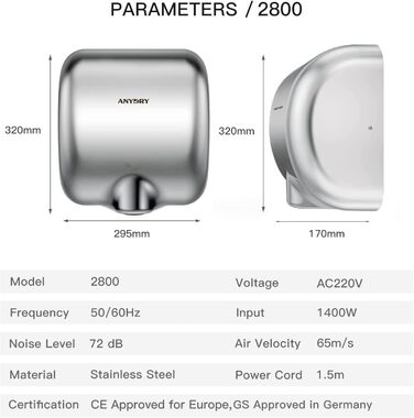 Anydry 2800 Klassisch: Електричний сушар для рук AnyDry, автоматичний, швидка сушка (8-12 сек), настінний монтаж, полірування, нержавіюча сталь, 1400-1650W, глянцевий