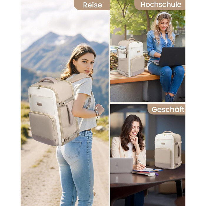 LOVEVOOK Рюкзак ручної поклажі, 40л, 17.3 дюйми, для подорожей та бізнесу, водонепроникний, 45x30x20см, світло-бежевий