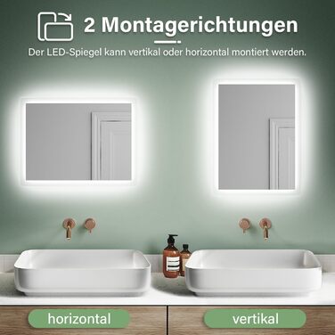 Дзеркало для ванної кімнати Badspiegel 80x60 з підсвічуванням, антизапотівальне LED, 3 колірні температури, IP44, настінне