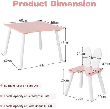 Дитячий стіл LIFEZEAL з 2 стільцями, спинка для вух кролика, дерево, для дитячої кімнати та дитячих садків (рожевий)