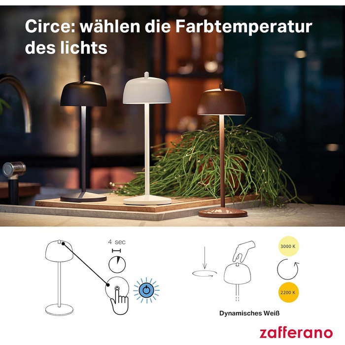 Zafferano Circe: Бездротова LED-лампа для дому та саду, Corten, 30 см, димер, 2200-3000K, керування кнопкою