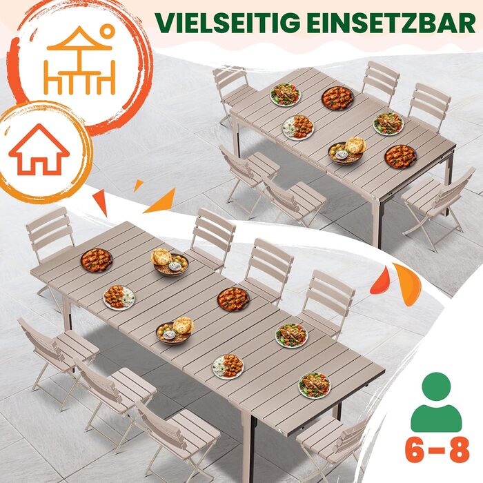 Розсувний садовий стіл KESSER® 180/240x90 см, на 8 осіб, з металевим каркасом та стільницею з HDPE, вологостійкий, UV-стійкий, з 6 підставками