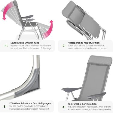 Набір з 2 алюмінієвих шезлонгів tectake, садові стільці з регульованою спинкою в 5 напрямках, садовий шезлонг з підставкою для ніг, легкий і складний, стілець для відпочинку з подушкою на голові, для кемпінгу Садовий балкон