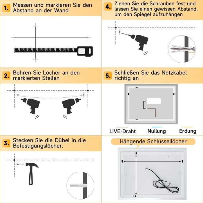 Дзеркало для ванної кімнати SONNI з підсвічуванням 80x60 см, 3 кольори світла, проти запотівання, LED, сенсорна кнопка, годинник, температура, 3-кратне збільшення