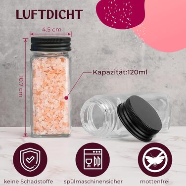 Набір скляних банок для спецій [24 x 120 мл] з 301 етикеткою (німецька мова) | Матові чорні кришки | Контейнери для спецій з металевими кришками та дозатором. Кутові скляні банки, набір 24 шт, чорний колір - 24 - чорні етикетки