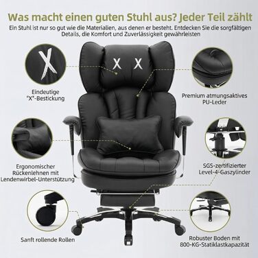 Ергономічне офісне крісло Efomao з PU шкіри для дому та офісу, 200 кг, з підставкою для ніг та підтримкою попереку, чорне