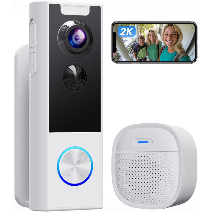 Відеодомофон XTU 2K HD з Wi-Fi, бездротовий, для вулиці, з нічним баченням та PIR-датчиком руху, двосторонній аудіо, білий