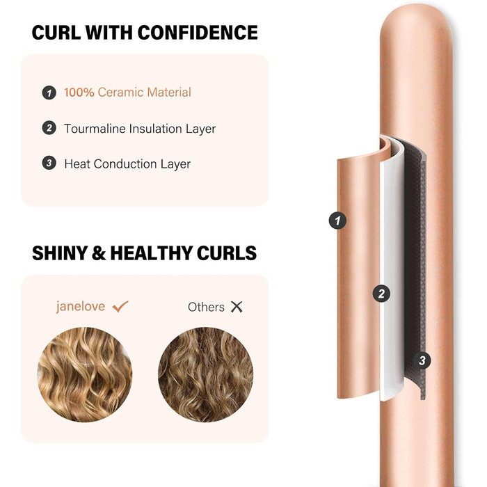 Набір для завивки волосся Janelove 5 в 1: керамічний локон, 10-32 мм, різні насадки, регулювання температури, рукавиці, сумка (рожеве золото)
