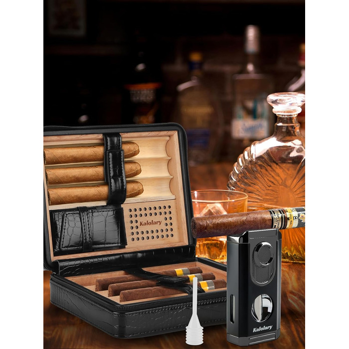 Вишуканий вологозбережувач для сигар Kalolary з різаком, портативний дорожній футляр для сигар з кедрової деревини, вміщує до 8 сигар, чудовий подарунок для чоловіків (Чорний)