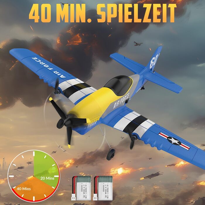 RC літак HAWK'S WORK P-51D Mustang 2.4GHz, готовий до польоту, 6-осьовий гіростабілізатор, синій - для дітей та початківців