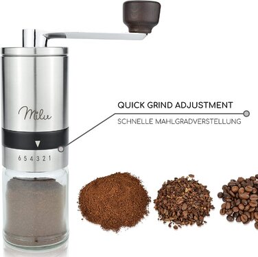 Ручна кавомолка Milu Manuelle – кавомолка для еспресо з керамічним жорном, 6 ступенів помелу, з ложкою та щіткою (срібна)