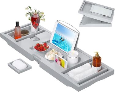 Підставка для ванни Artmalle, складана бамбукова підставка для ванни з тримачем для книги та келиха, безкоштовна мильниця, для розслаблення та читання, натуральний бамбук (сірий, складна)