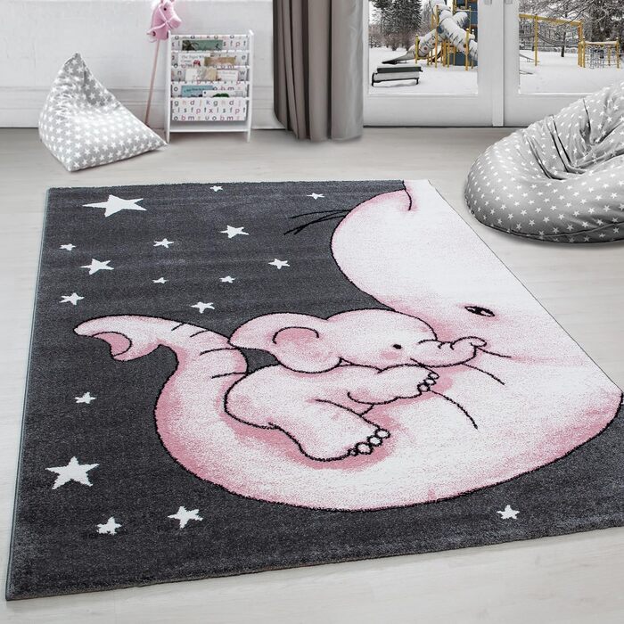 Дитячий килимок Elephant Design Pink - килимок з коротким ворсом Дитяча кімната для дівчаток і хлопчиків Easy Care Soft - Ігровий килимок, який можна прати Дитячий килимок Ігровий килимок Дитяча кімната (200 х 290 см, рожевий)