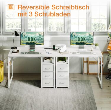 Комп'ютерний стіл ODK з 3 висувними ящиками, 100x48x75.5 см, з розетками та USB, білий. Перевертається, для дому та офісу
