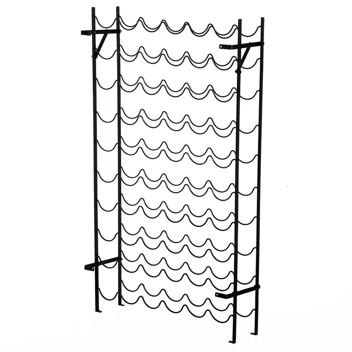 Стильна металева стійка для вин на 60 пляшок. Ідеально підходить для підвалу, складу або домашнього зберігання. Розміри: 63 x 20,5 x 118 см. Чорний колір.