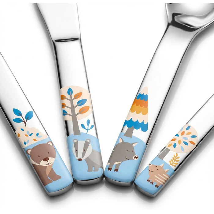 Дитячий ергономічний набір столових приборів Puresigns (4 шт.) з нержавіючої сталі 18/10 – Безпечний та довговічний – Мотиви лісових тварин (ведмедик, барсук, кабан) – Можна мити в посудомийній машині – Ідеально для малюків та тих, хто вчиться їсти