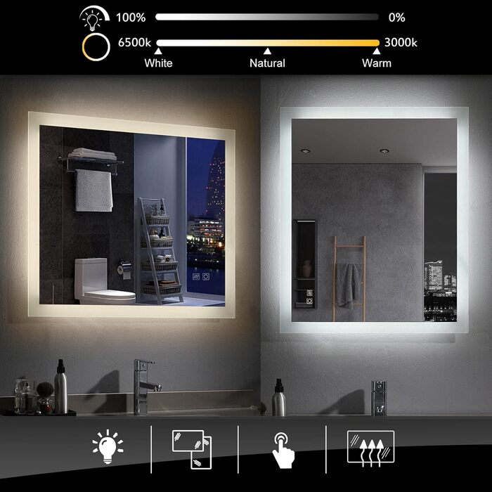 Дзеркало для ванної кімнати Badspiegel 120x70 см з підсвічуванням LED, сенсорне керування, антизапітніння, регулювання яскравості, біле світло (60x80 см)