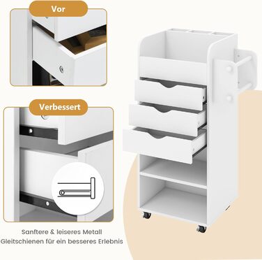 Роликовий контейнер COSTWAY з 3 висувними ящиками, робочий візок з 2 ручками та 3 полицями, дерев'яний шафка на колесах, багатофункціональний візок для офісу/кабінету (білий)