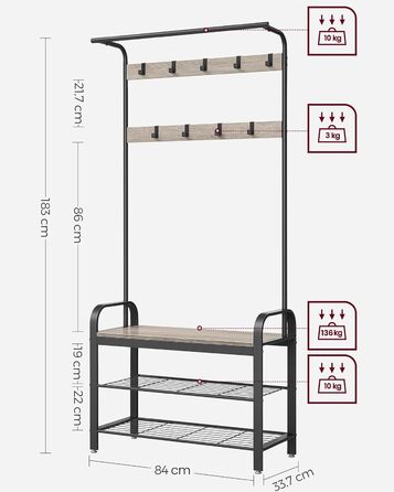 Стійка для одягу VASAGLE з полицею для взуття, 4-в-1, 9 знімних гачків, штанга для одягу, для передпокою, 33.7 x 72 x 183 см, індустріальний дизайн, горіхово-чорний колір