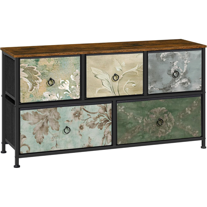 Комод WOLTU з 5 висувними ящиками з тканини, шафа-комод, тумбочка під ТБ, для вітальні, спальні, коридору, з металевим каркасом, ДСП, білий, SSK005ws. Білий (Рустикальний коричневий + чорний + вінтажний квітковий принт, 5 тканинних ящиків)