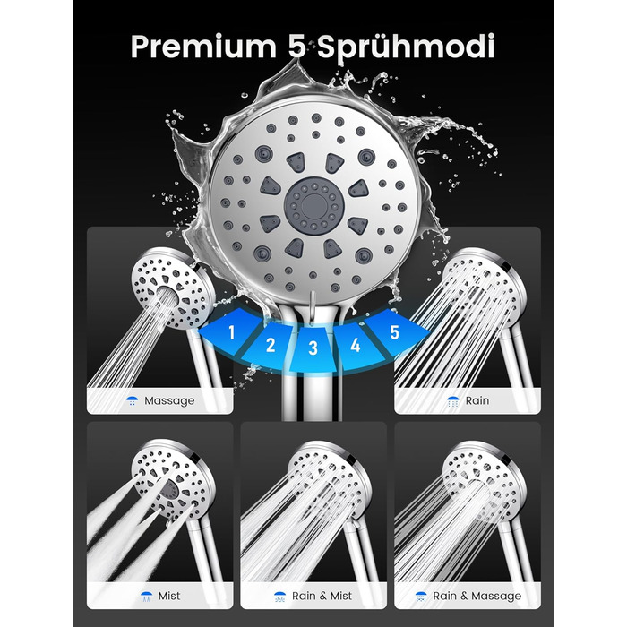 Фільтр для душу MEKO, високий тиск, ручна лійка з 15-шаровим фільтром, шланг 1,5м, 3 режими, економія води, видалення хлору, жорсткої води, важких металів (срібла)