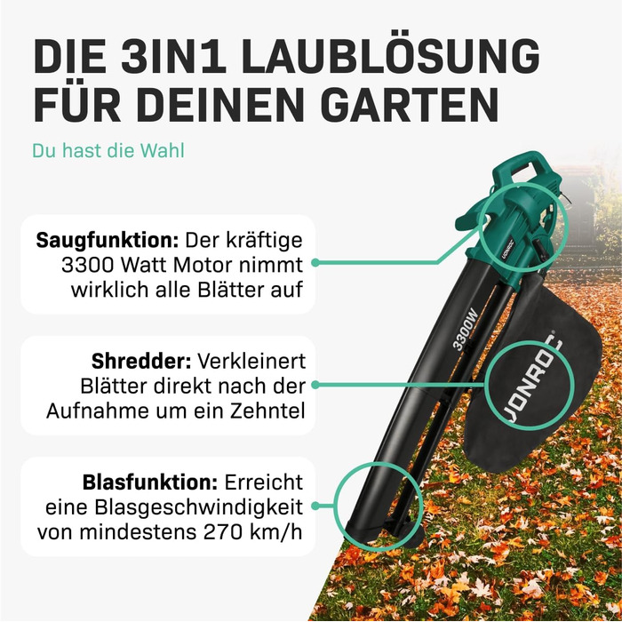 Електричний повітродув-пилосос VONROC 3300W 3-в-1 з функцією подрібнення листя та мішком для збору 40л