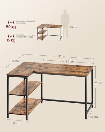 Кутовий стіл VASAGLE L-подібної форми з полицею, для офісу та дому, 110 x 80 см, vintage brown