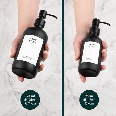 Набір дозаторів для мила MONOKO (4 шт.) чорного матового скла, 500 мл | Дозатори для шампуню, мила, кухні | Нержавіюча сталь, насосна головка | з наліпками