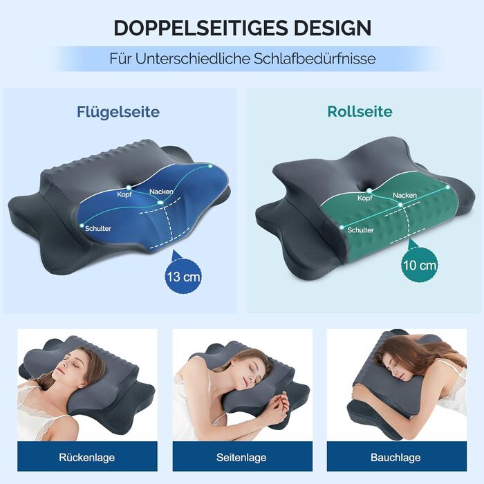 Подушка для шиї з піною з пам'яті, ергономічна подушка для сну, подушка для підтримки шиї для тих, хто спить на боці, спині та животі, сіро-білий колір (темно-сірий, 64 x 39 x 13 см)