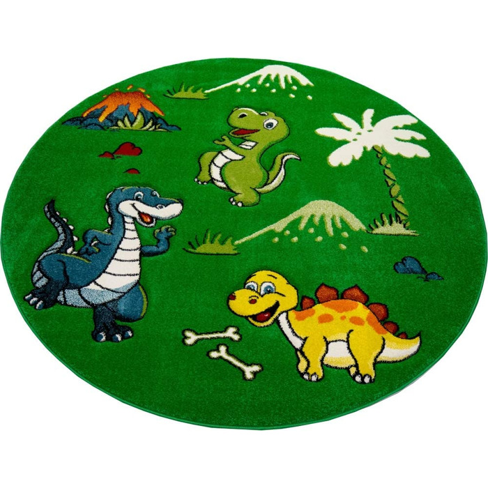 Килим - дитяча мрія, килим з динозаврами, дитяча кімната, килим з вулканом джунглів зеленого кольору, розмір (160 см в окружності)