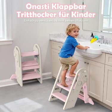 Дитячий підсходильник Onasti Tritthocker, регульована висота, 3 сходинки, з ручками, складний, анти-ковзний, для кухні, ванної кімнати, умивальника та туалету (Сірий) Сіро-білий (Рожевий)