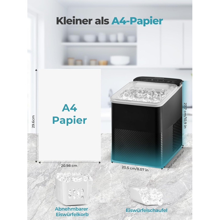 Льодогенератор Fohere портативний самоочисний, 14 кг/24 год, 2 розміри льоду, компактний, чорний - для дому, бару, офісу, кемпінгу