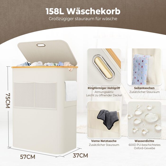 Кошик для білизни OUSFOT з кришкою, 3 відділення, 158л, сортер для білизни, знімний мішок, сітчаста кишеня, бамбукова коробка для білизни, бежевий