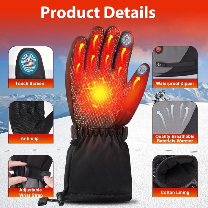 Гріючі рукавички з акумулятором 7.4V 6400mAh USB, 3 режими нагріву, водонепроникні рукавички з підігрівом для зимових видів спорту, катання на лижах, мотоциклі, велосипеді та піших прогулянок