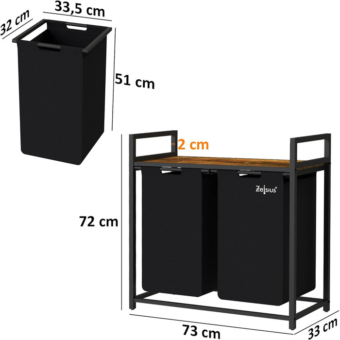 Збірник для білизни Zelsius 3 відділення 92,5 x 33 x 72 см Кошик для білизни з полицею, контейнер для брудної білизни з мішком для білизни Сортувальник білизни, ящик для білизни, мішок для білизни Система прання, кошик для прання (2 відділення - 1 полиця,