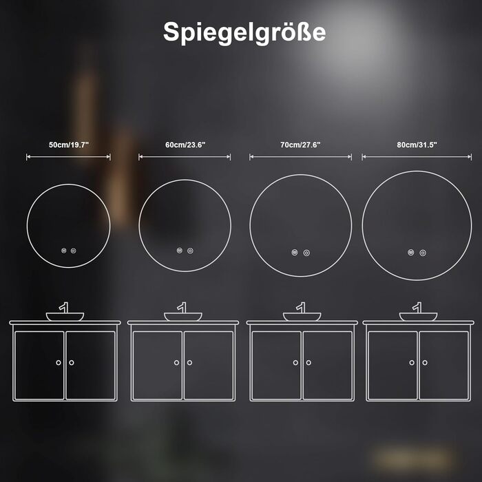 LED дзеркало для ванної кімнати з підсвічуванням, кругле, диммер, 3 кольори світла (3500K-6500K), сенсорне керування, протизапотівання, 80 см, для макіяжу та гоління